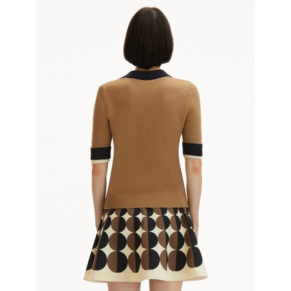 OSCAR DE LA RENTA Short Sleeve Color Block Pullover Top in Walnut Navy XS - Picture 3 of 5